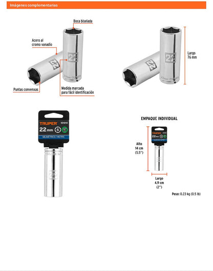 Dado largo 22 mm 6p cuadro 1/2pulg