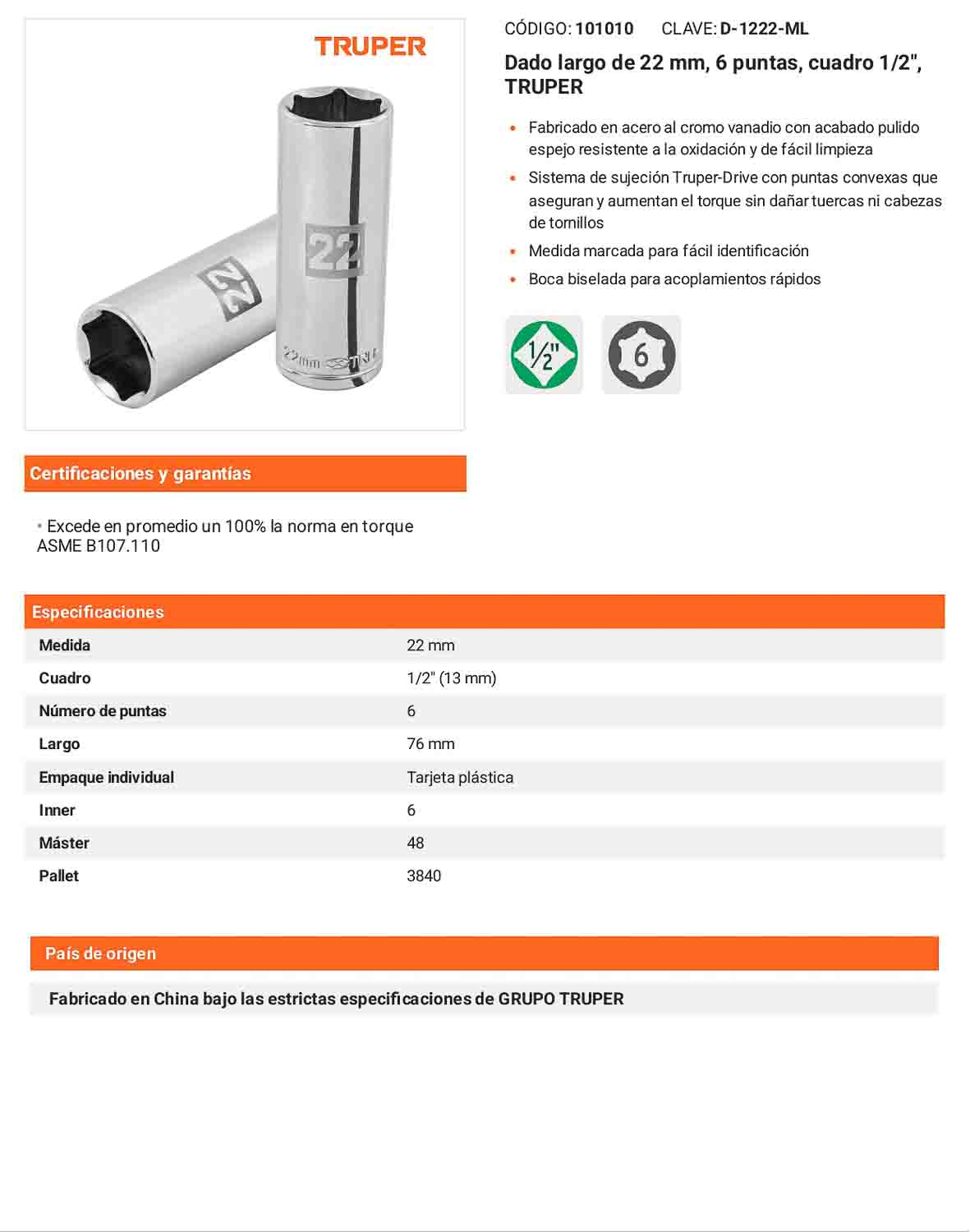 Dado largo 22 mm 6p cuadro 1/2pulg