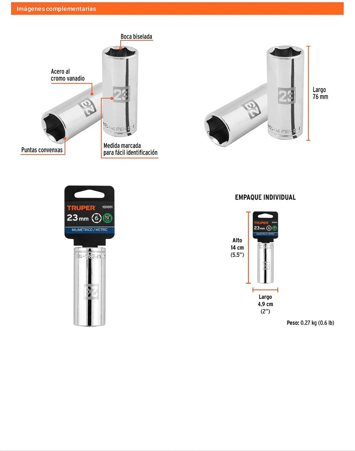 Dado largo 23 mm 6p cuadro 1/2pulg