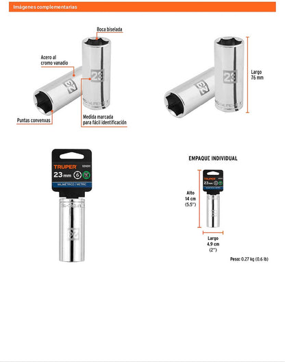 Dado largo 23 mm 6p cuadro 1/2pulg