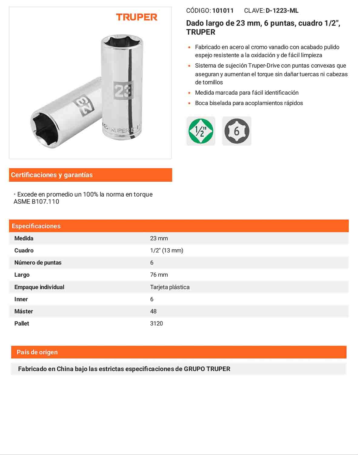 Dado largo 23 mm 6p cuadro 1/2pulg