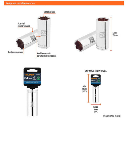 Dado largo 24 mm 6p cuadro 1/2pulg