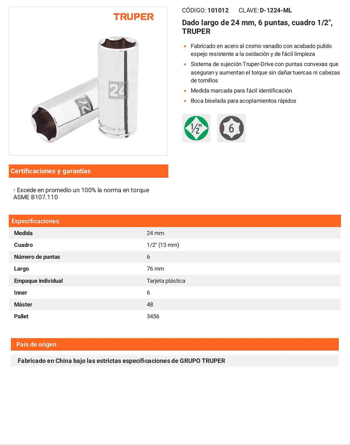 Dado largo 24 mm 6p cuadro 1/2pulg