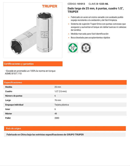 Dado largo 25 mm 6p cuadro 1/2pulg