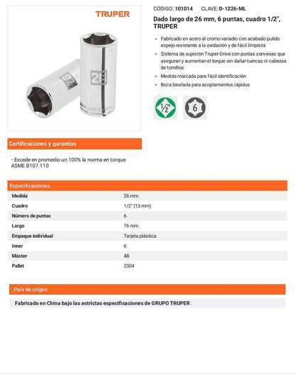 Dado largo 26 mm 6p cuadro 1/2pulg