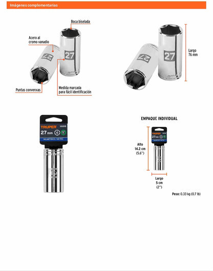 Dado largo 27 mm 6p cuadro 1/2pulg