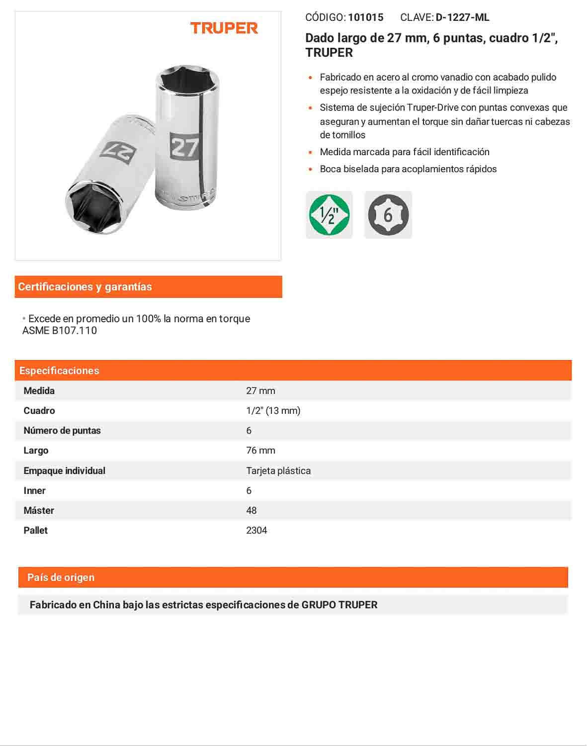 Dado largo 27 mm 6p cuadro 1/2pulg