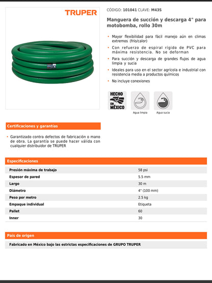 Manguera de succión y descarga de 4 pulgadas para motobomba rollo de 30 m
