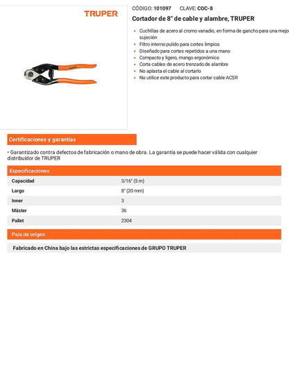 Cortador de cable y alambre 8 pulg.