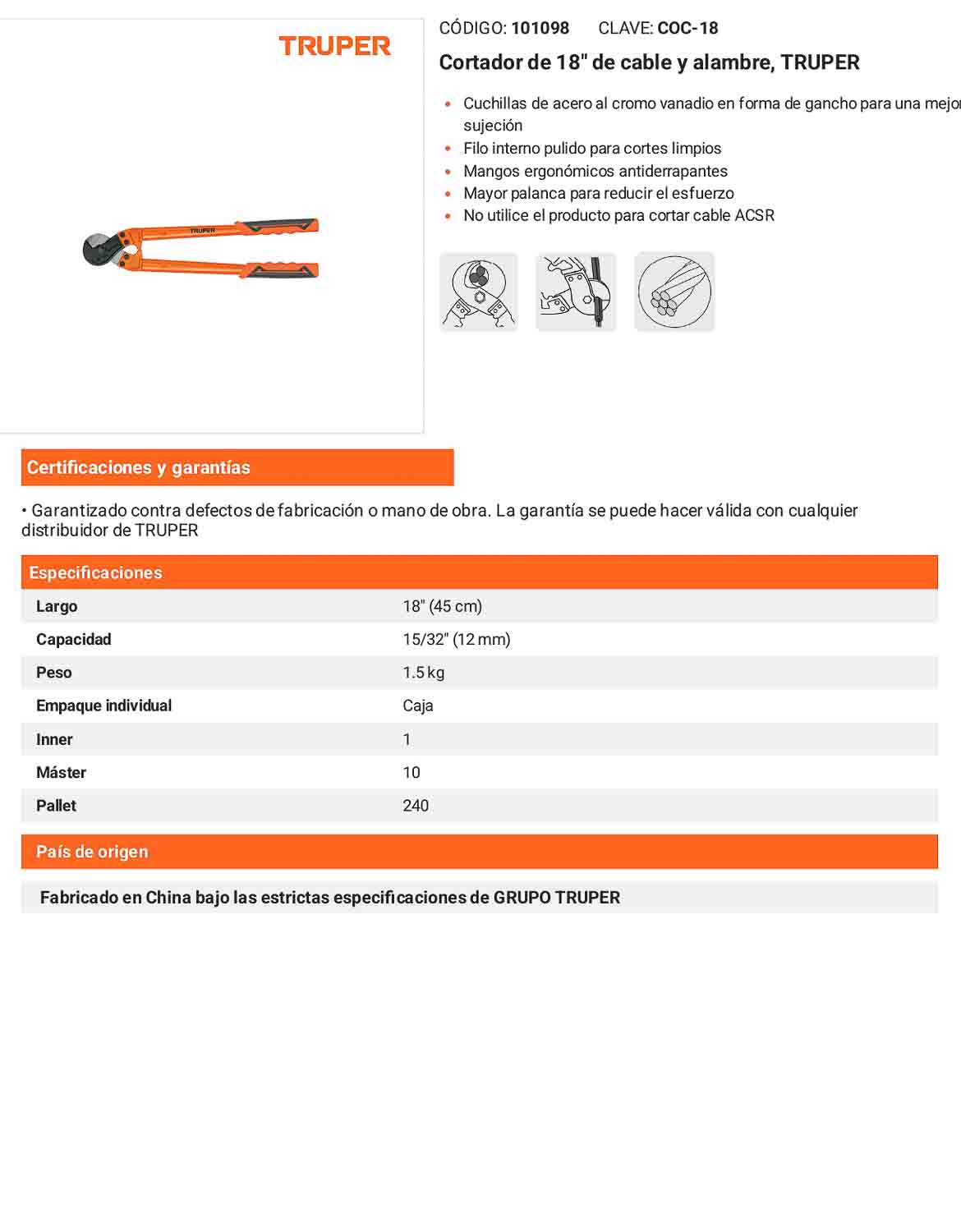 Cortador de cable y alambre 18 pulg.
