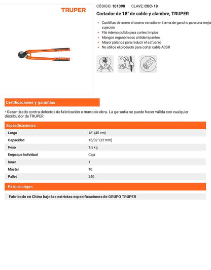 Cortador de cable y alambre 18 pulg.