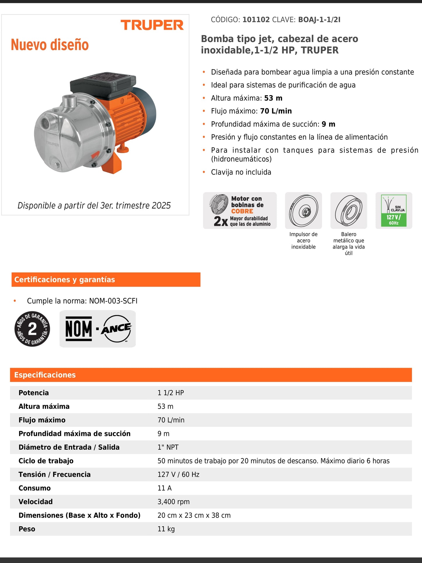Bomba tipo jet de acero inoxidable de 1 1/2 HP