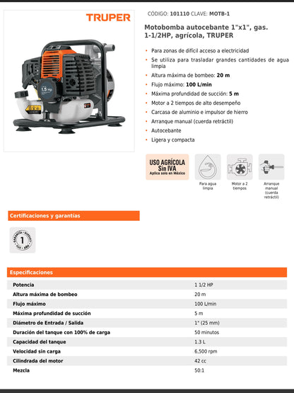 Motobomba autocebante de 1 pulgada por 1 pulgada a gasolina de 1 1/2 HP agrícola