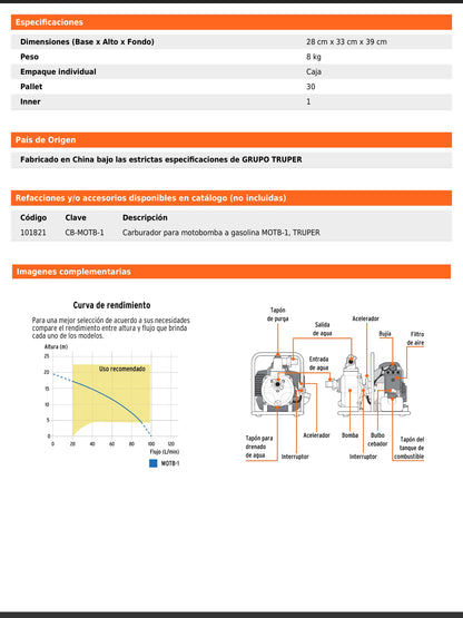 Motobomba autocebante de 1 pulgada por 1 pulgada a gasolina de 1 1/2 HP agrícola