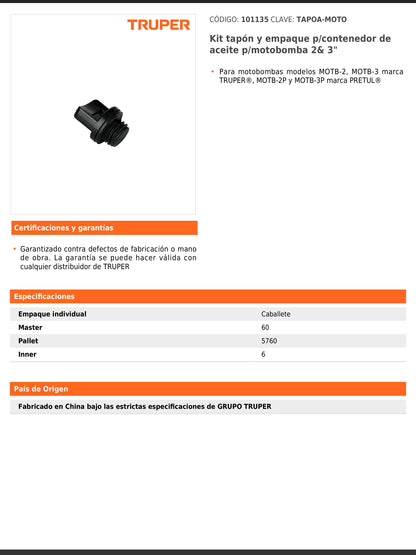 Kit tapón y empaque para contenedor de aceite para motobomba 2 y 3 pulgadas