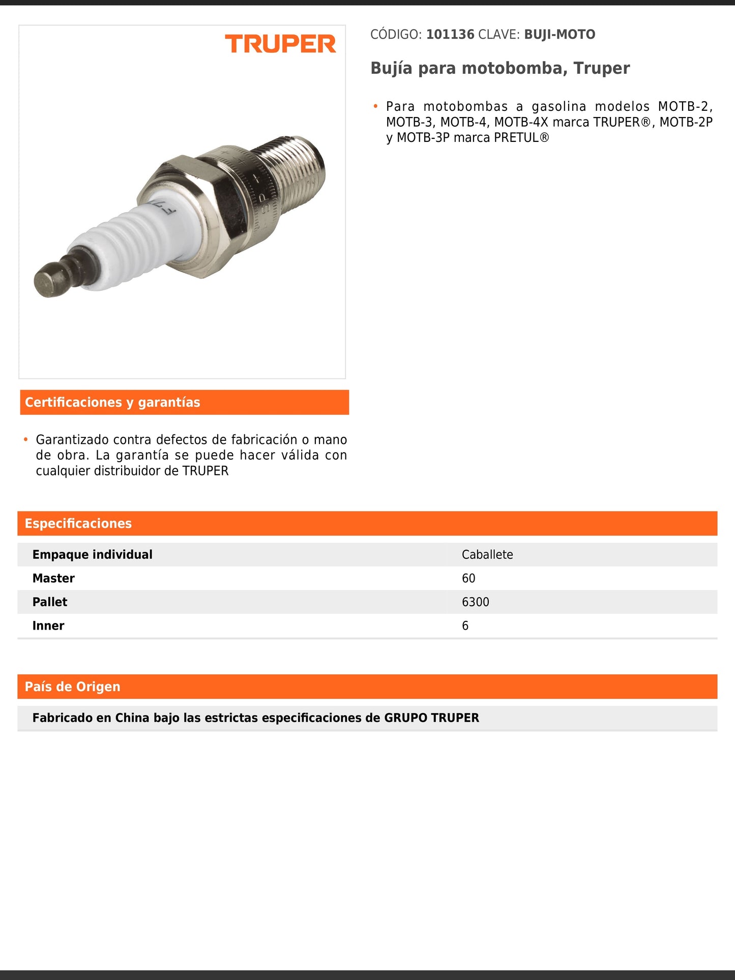 Bujía para motobomba