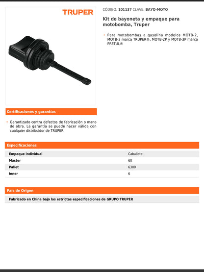 Kit de bayoneta y empaque para motobomba