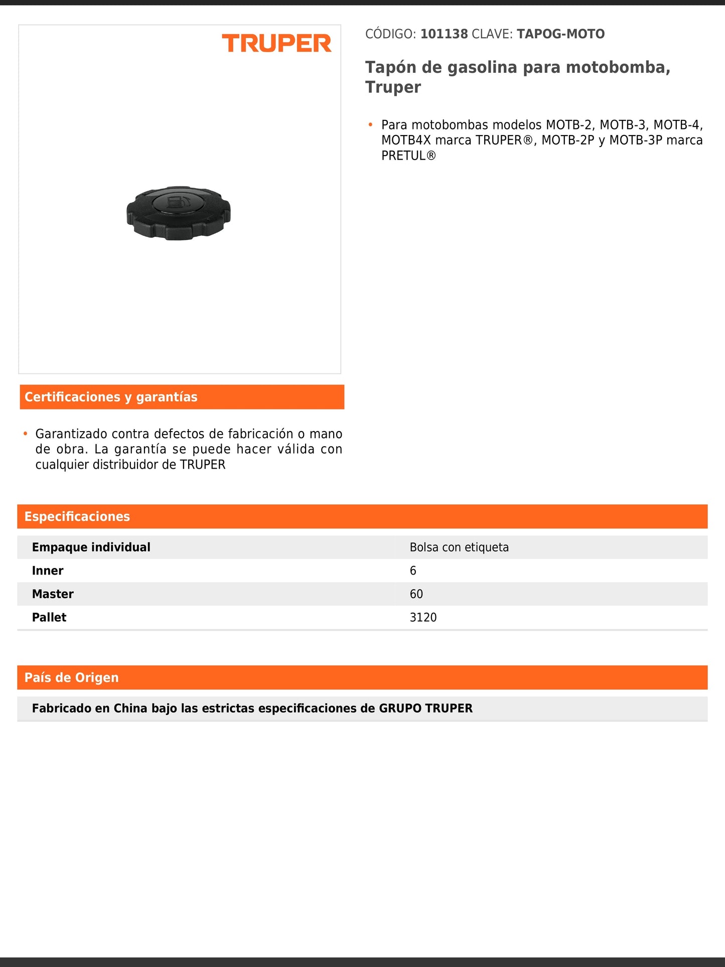 Tapón de gasolina para motobomba