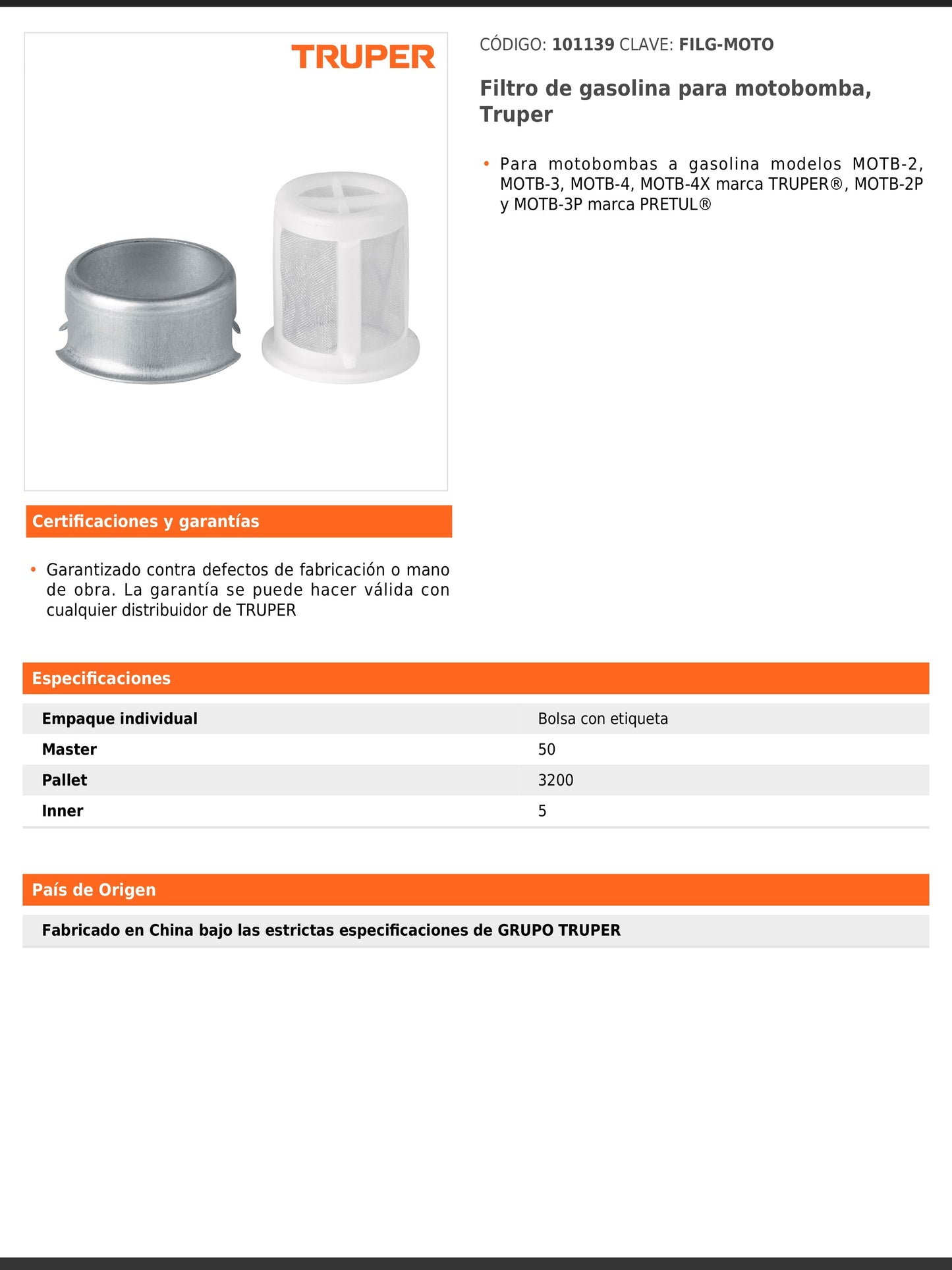 Filtro de gasolina para motobomba