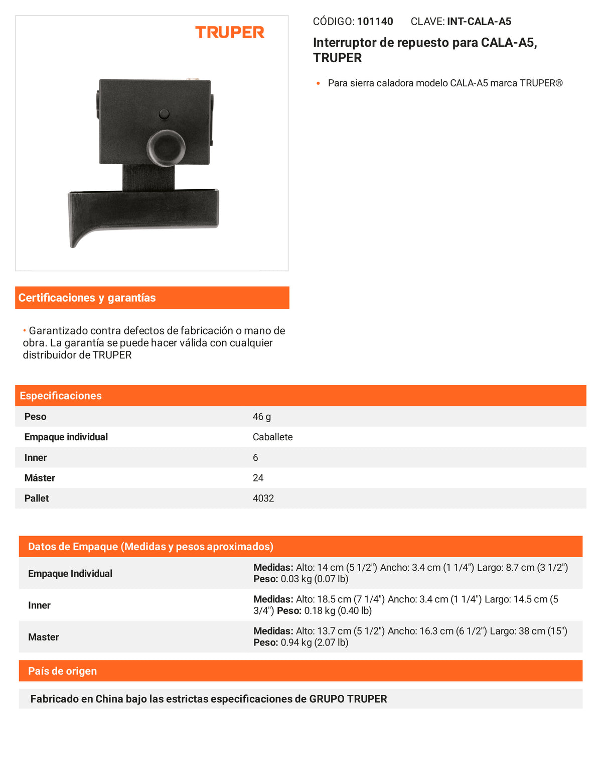 Ficha tecnica - Interruptor para CALA-A5 - SKU 101140