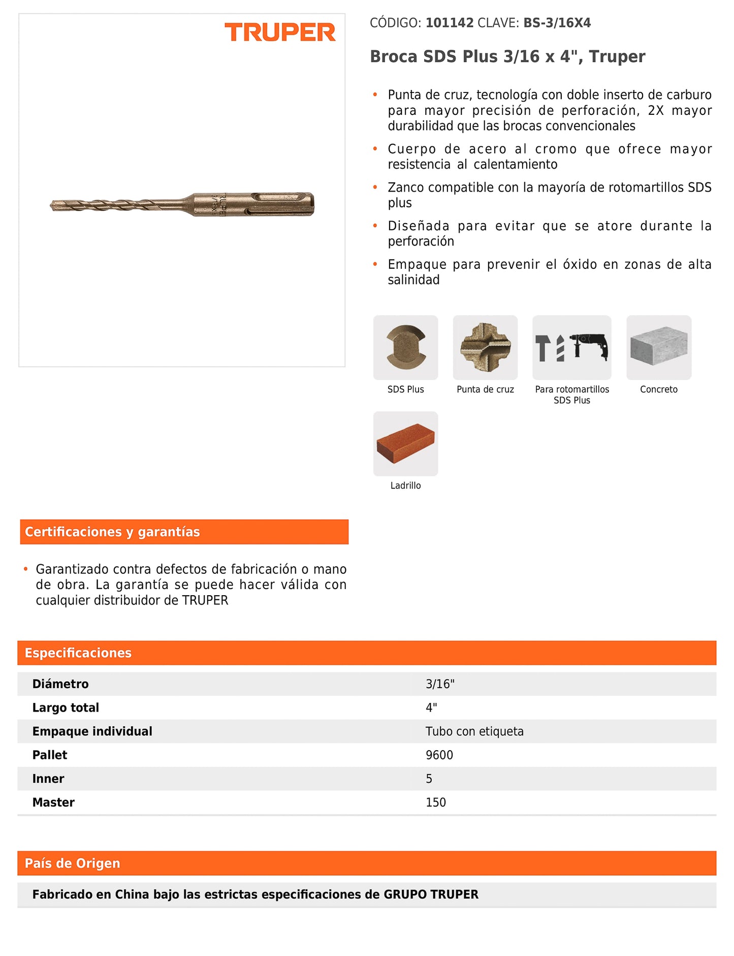 Broca SDS Plus de 3/16 x 4 in con cuerpo de acero al cromo