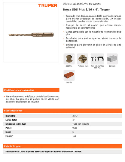 Broca SDS Plus de 3/16 x 4 in con cuerpo de acero al cromo