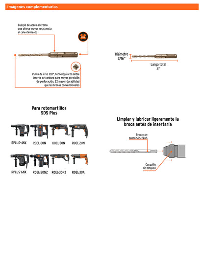 Broca SDS Plus de 3/16 x 4 in con cuerpo de acero al cromo