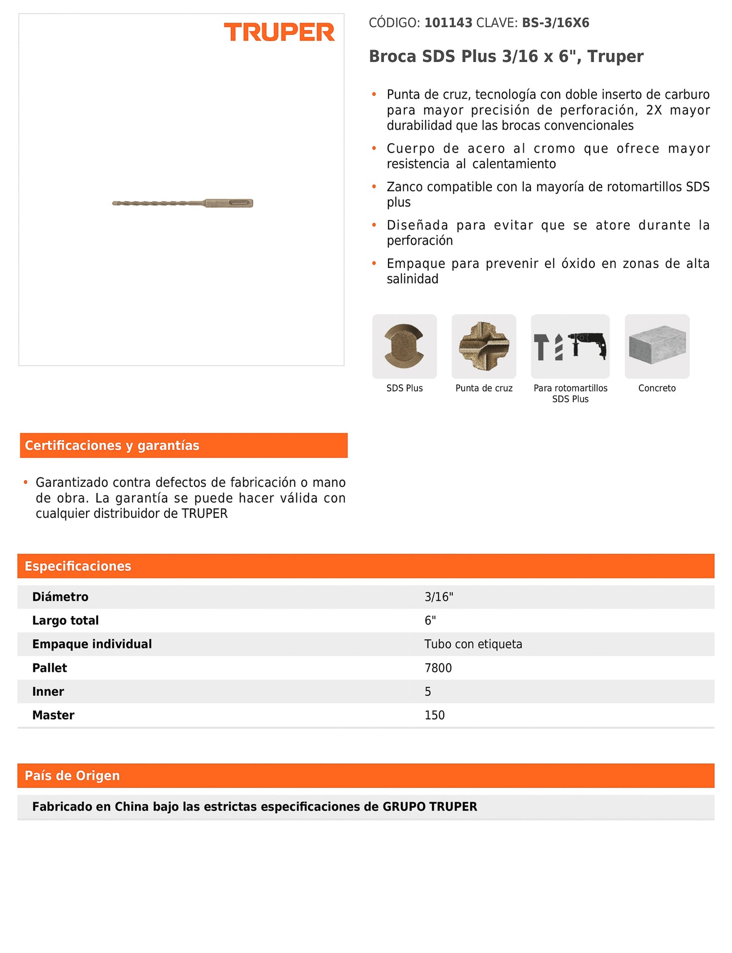 Broca SDS Plus de 3/16 x 6 in con cuerpo de acero al cromo