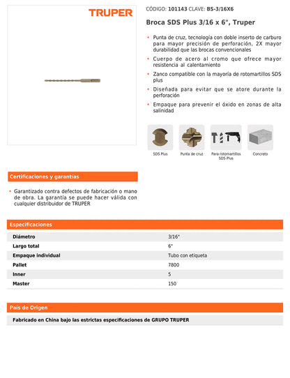 Broca SDS Plus de 3/16 x 6 in con cuerpo de acero al cromo
