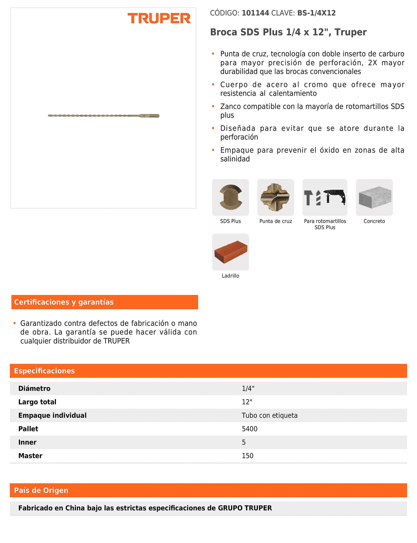 Broca SDS Plus de 1/4 x 12 in con cuerpo de acero al cromo