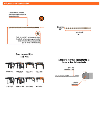 Broca SDS Plus de 3/8 x 8 in con cuerpo de acero al cromo