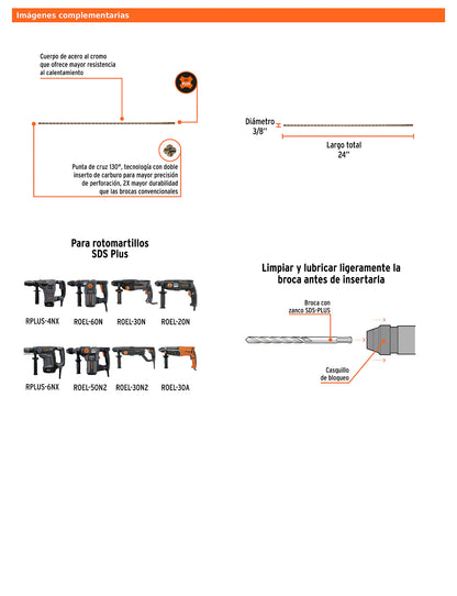 Broca SDS Plus de 3/8 x 24 in con cuerpo de acero al cromo