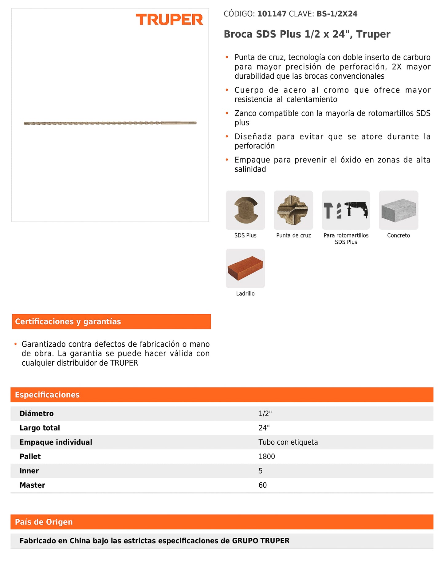 Broca SDS Plus de 1/2 x 24 pulgadas con doble inserto de carburo