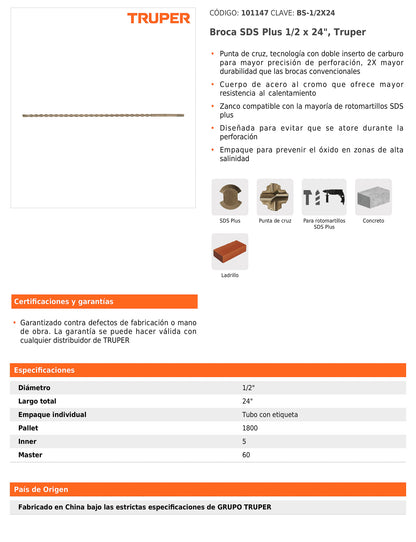 Broca SDS Plus de 1/2 x 24 pulgadas con doble inserto de carburo