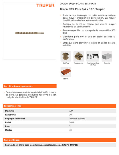Broca SDS Plus de 3/4 in con largo de 10 in