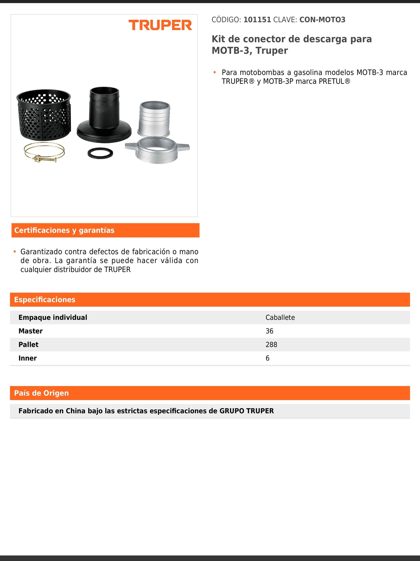 Kit de conector de descarga para motobomba MOTB 3