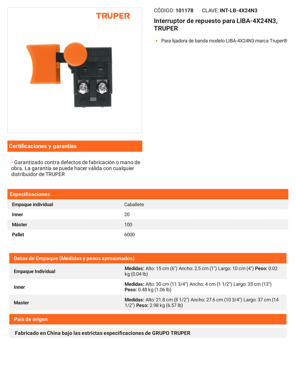 Ficha tecnica - Interruptor para LIBA-4X24N3 - SKU 101178