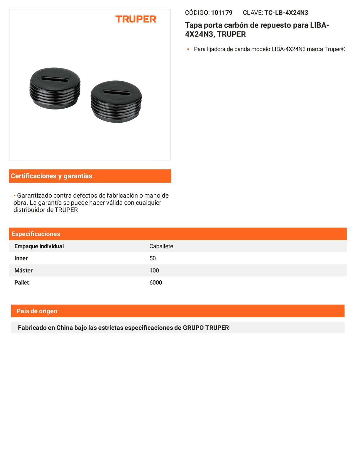 Ficha tecnica - Tapa porta carbon para LIBA-4X24N3 - SKU 101179