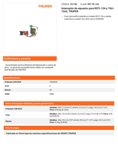 Ficha tecnica - Interruptor para ROTI-12A y TALI-12A2 - SKU 101183