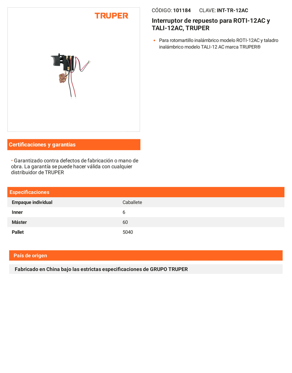 Ficha tecnica - Interruptor para ROTI-12AC y TALI-12AC - SKU 101184