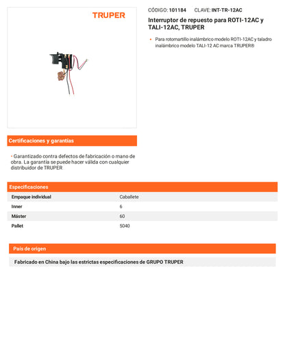 Ficha tecnica - Interruptor para ROTI-12AC y TALI-12AC - SKU 101184