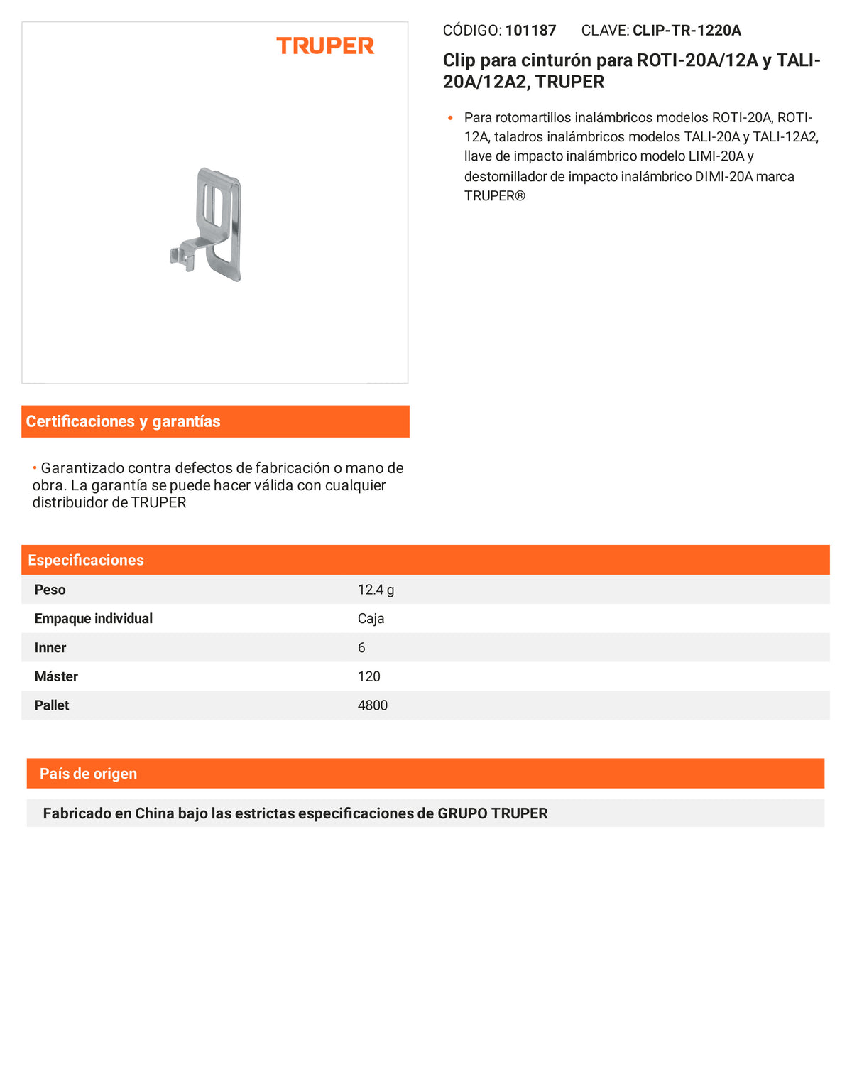 Ficha tecnica - Clip para cinturon para ROTI-20A/12A y TALI-20A/12A2 - SKU 101187