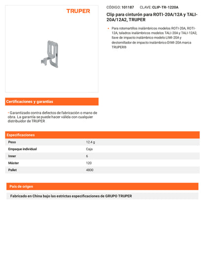 Ficha tecnica - Clip para cinturon para ROTI-20A/12A y TALI-20A/12A2 - SKU 101187