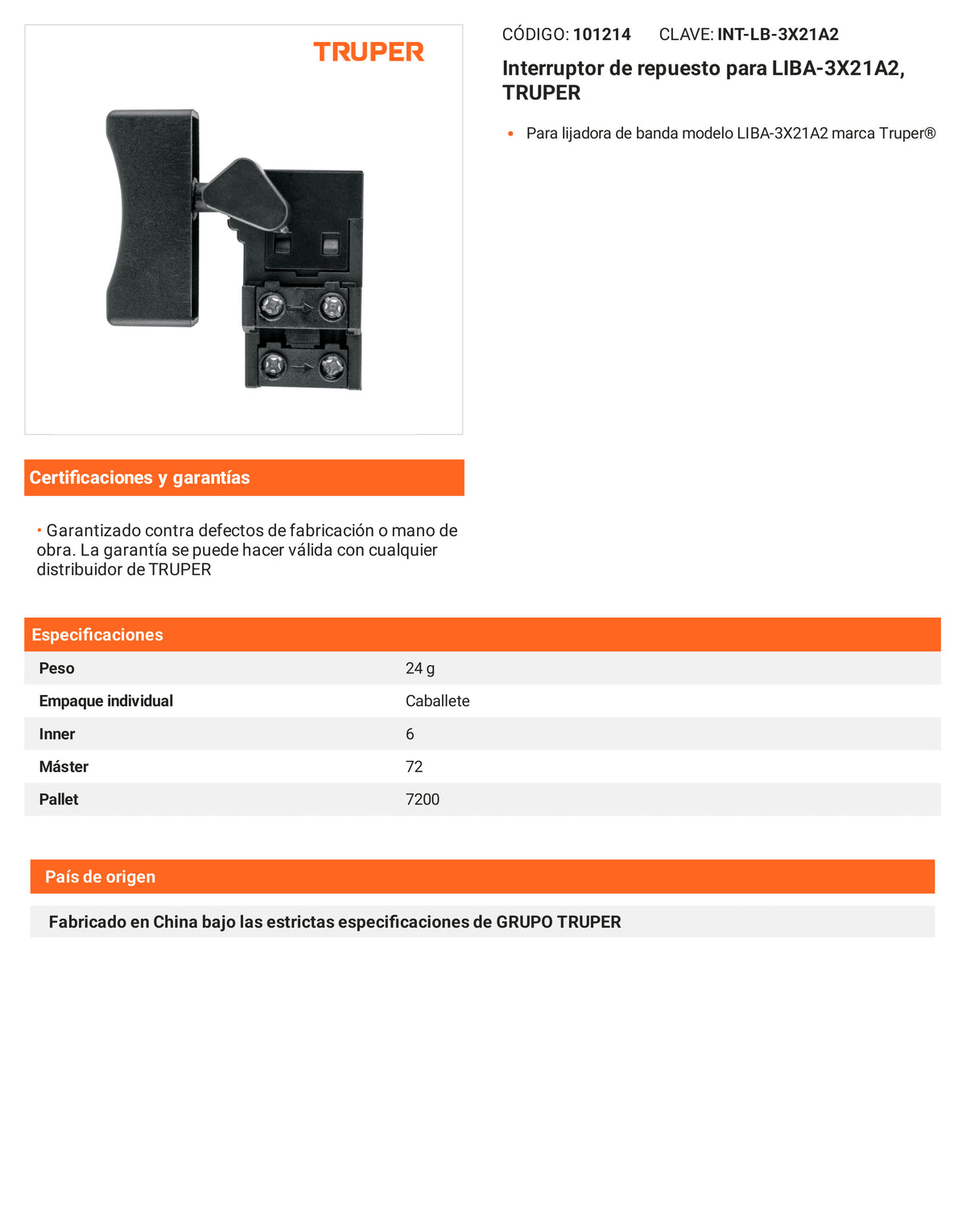 Ficha tecnica - Interruptor para LIBA-3X21A2 - SKU 101214