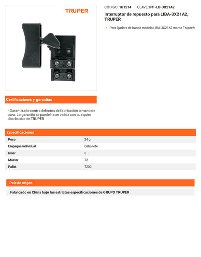 Ficha tecnica - Interruptor para LIBA-3X21A2 - SKU 101214