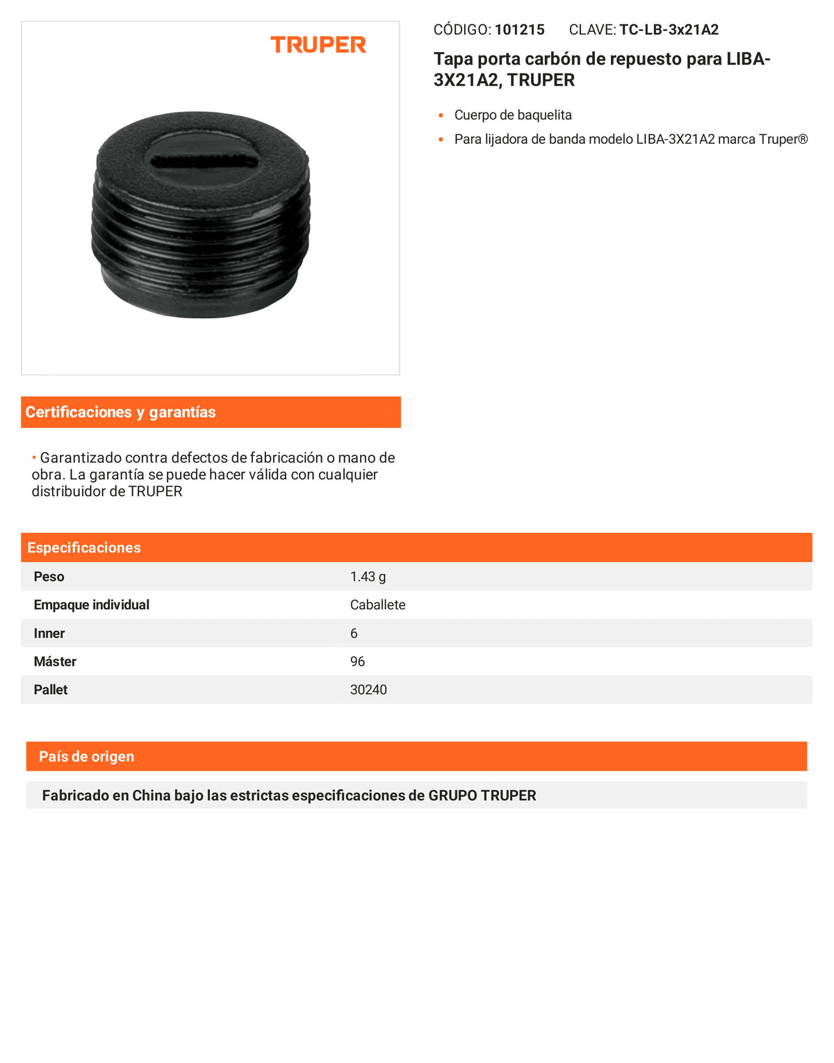 Ficha tecnica - Tapa porta carbon para LIBA-3X21A2 - SKU 101215