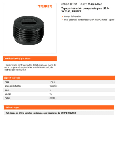 Ficha tecnica - Tapa porta carbon para LIBA-3X21A2 - SKU 101215