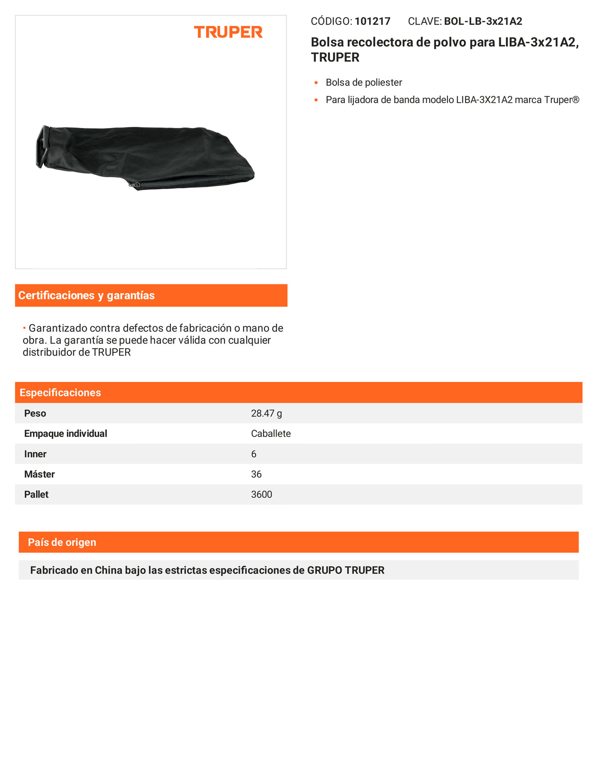 Ficha tecnica - Bolsa recolectora de polvo para LIBA-3x21A2 - SKU 101217
