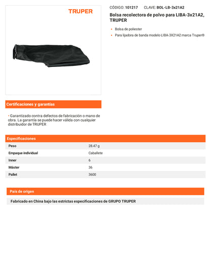 Ficha tecnica - Bolsa recolectora de polvo para LIBA-3x21A2 - SKU 101217
