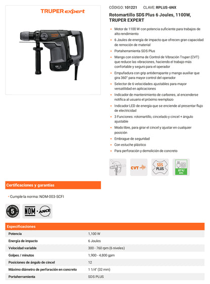 Ficha tecnica - Rotomartillo SDS Plus 6 Joules 1100W - SKU 101221